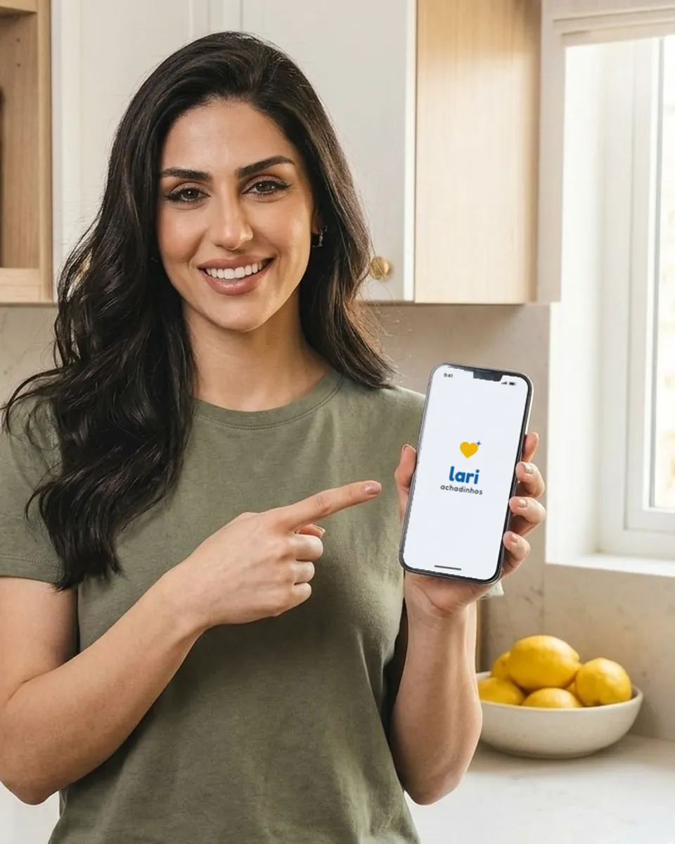 A Lari sorrindo e apontando para a logo do grupo na tela do celular